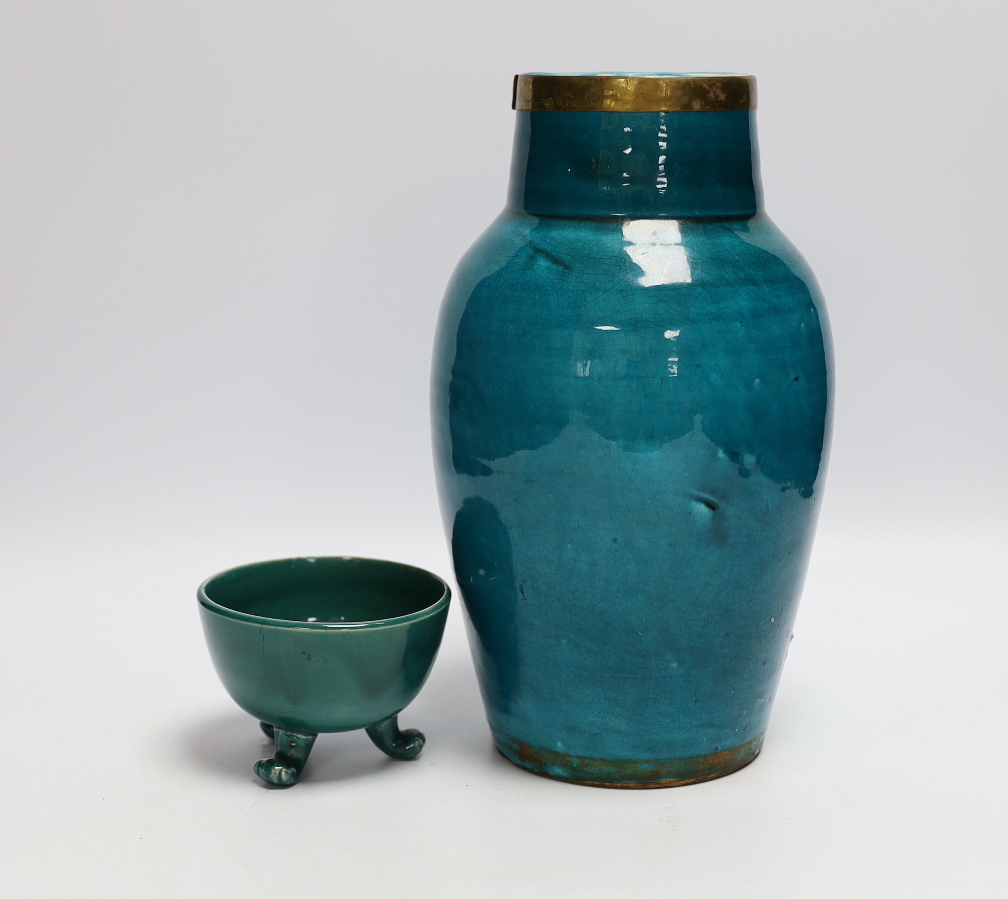A turquoise glazed three footed bowl and jug and a small Chinese famille rose jug, largest 25cm high